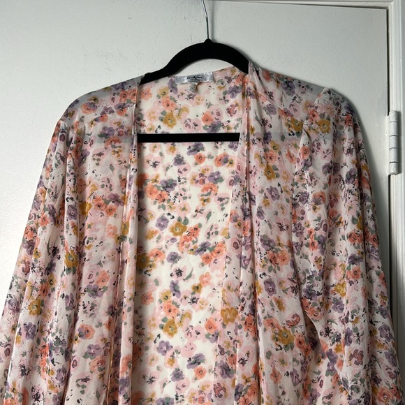 Moa Moa Pink Floral Sheer Open Front Midi Kimono Swim Cover Up Size 2X - Picture 3 of 5